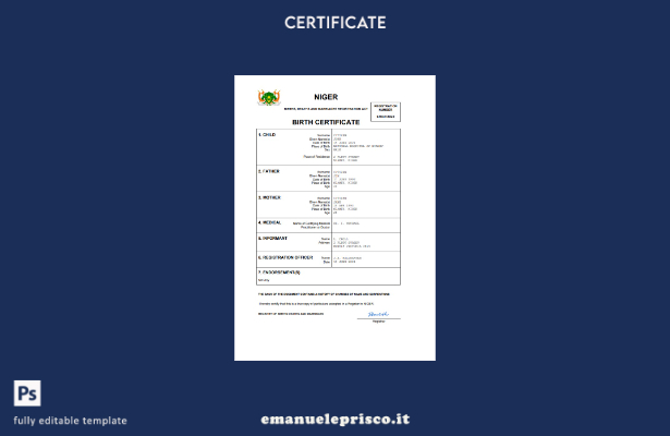 certificato di nascita del Niger in stile verificato modello Word e PDF